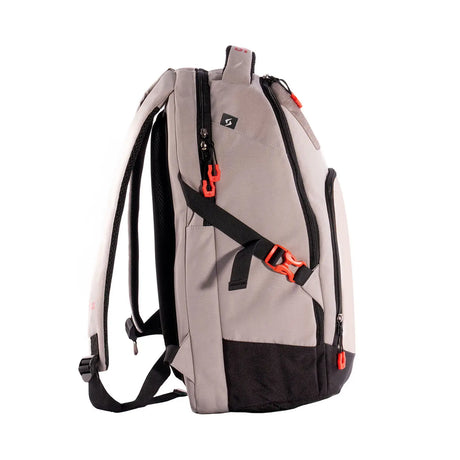Gray backpack with black straps and red buckles on a white background