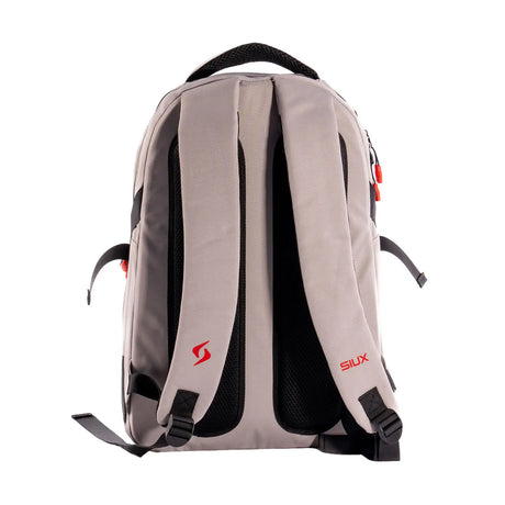 Gray backpack with black straps on a white background