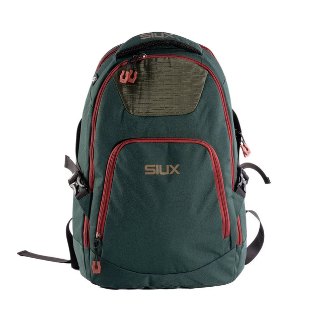 Green backpack with red accents and 'SIUX' branding on a white background