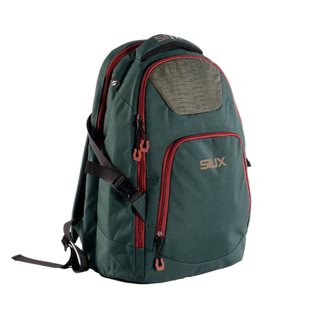Green and red backpack with 'SIUX' branding on a white background