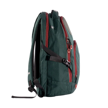 Green backpack with red zipper on a white background