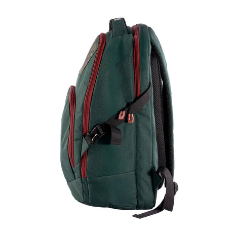 Green backpack with red zippers on a white background
