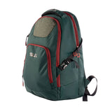 Green backpack with red accents on a white background