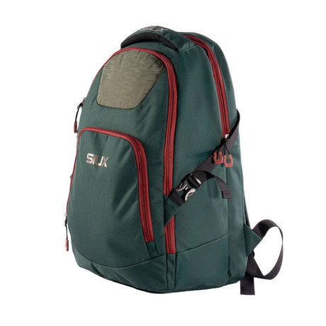 Green backpack with red accents on a white background