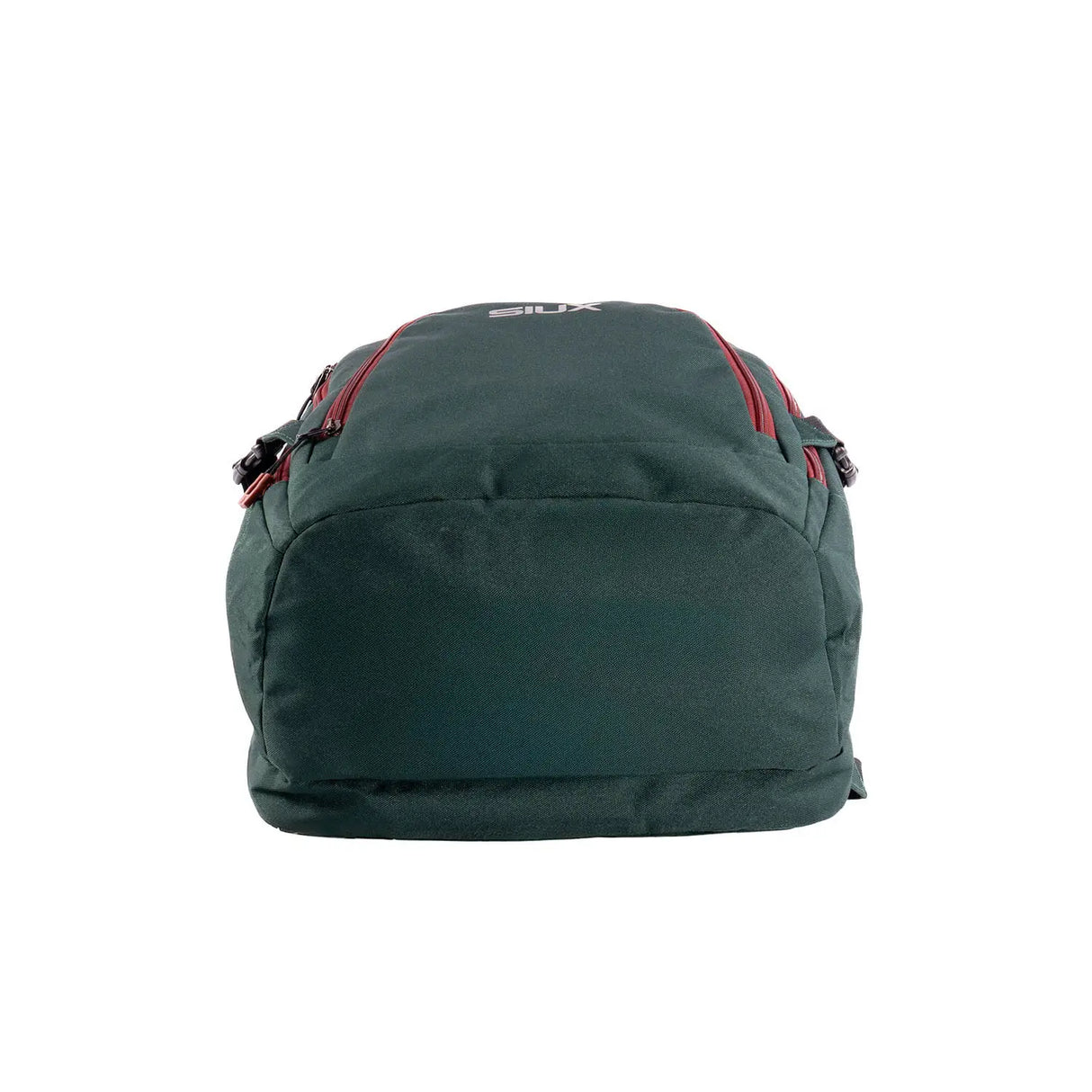 Green backpack with red accents on a white background