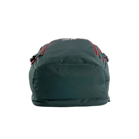Green backpack with red accents on a white background