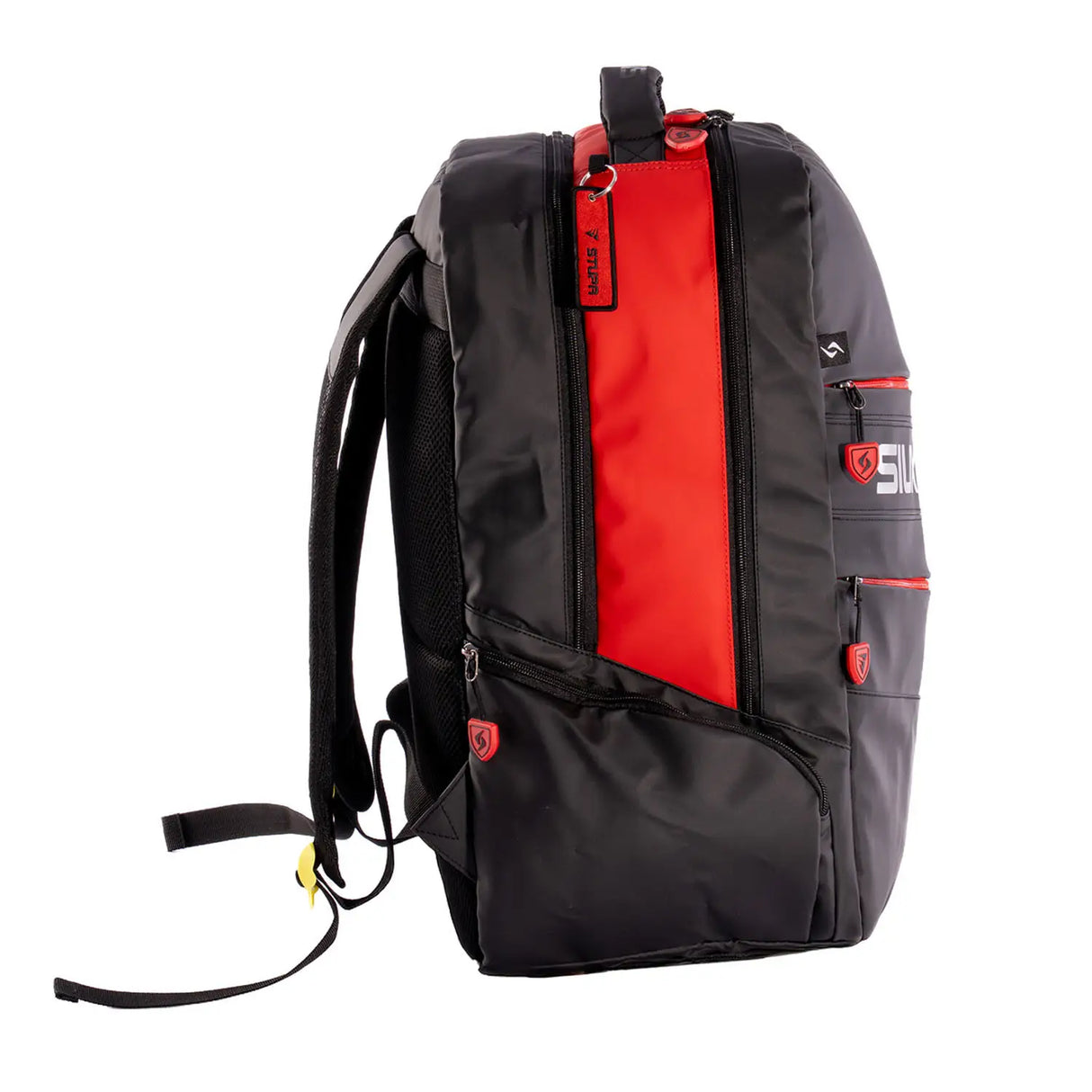 Black and red backpack with visible branding on a white background