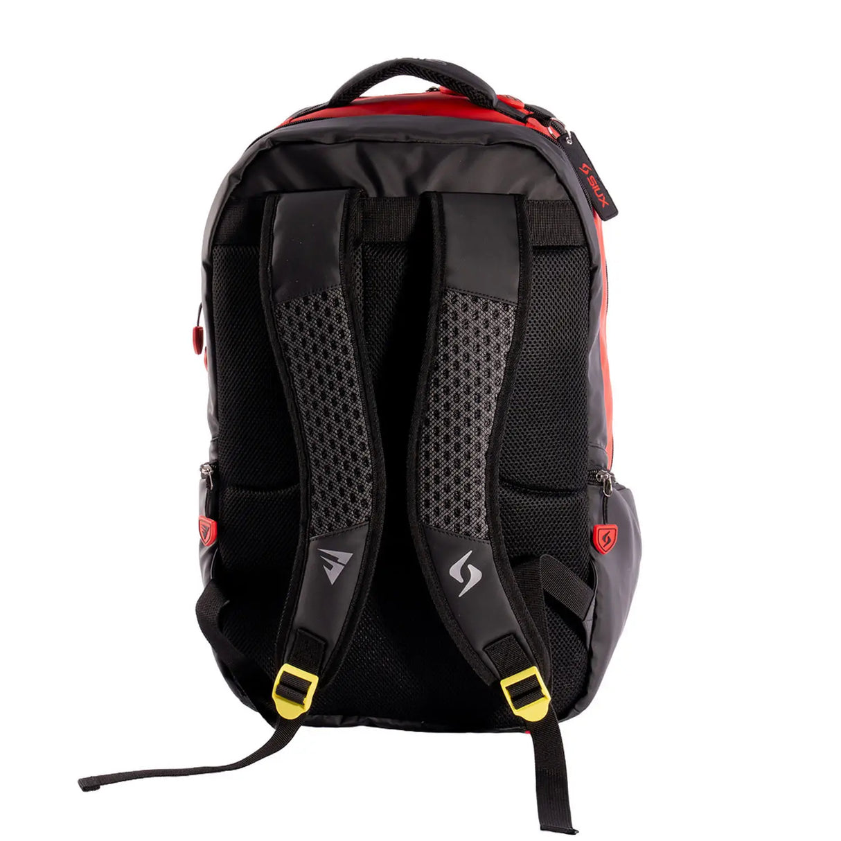 Black and red backpack with visible brand logo on a white background