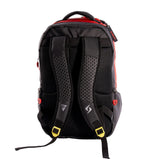 Black and red backpack with visible brand logo on a white background