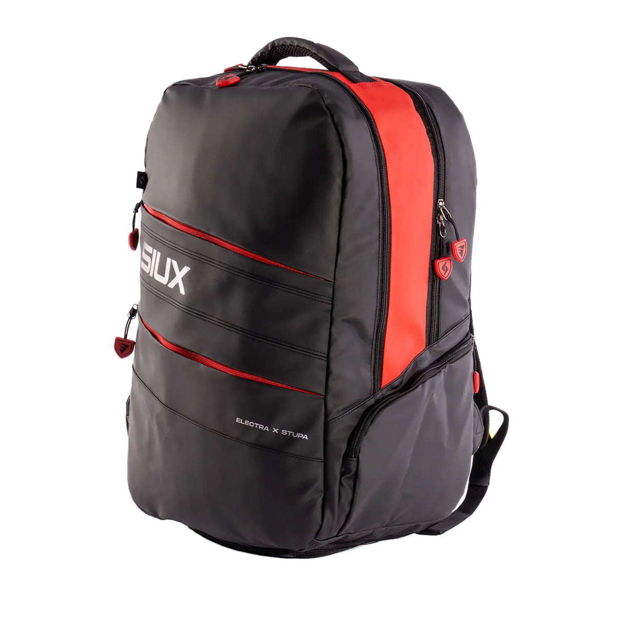 Black and red backpack with 'SIUX' branding on a white background