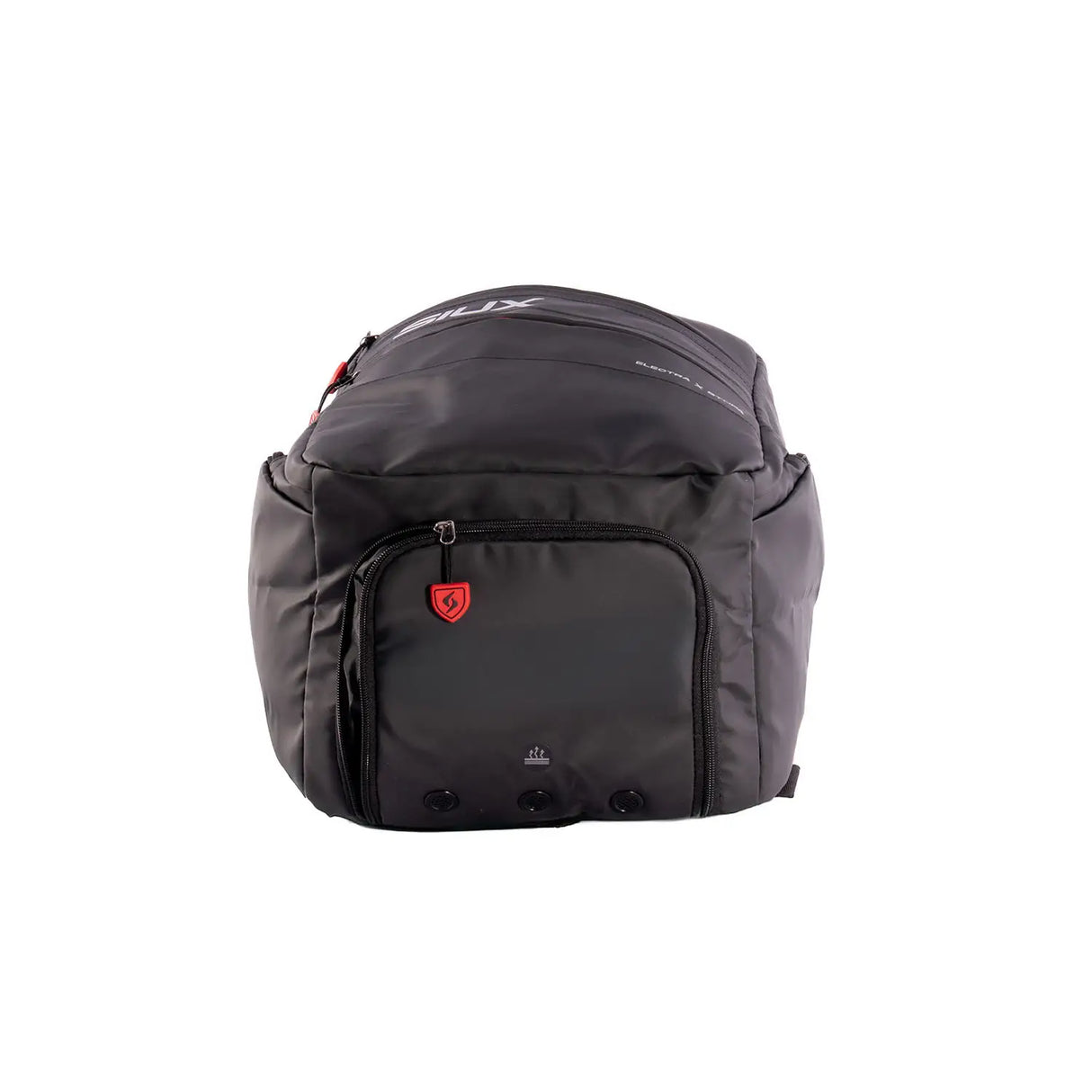 Black backpack with a red tag on a white background