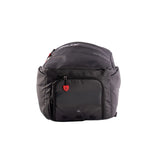 Black backpack with a red tag on a white background