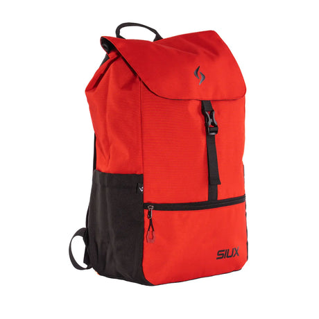 Red and black backpack with 'Siux' branding on a white background