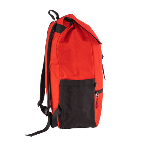 Red and black backpack on a white background