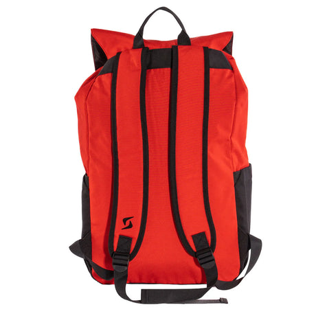Red backpack with black straps on a white background