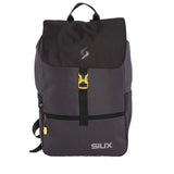 Black and gray backpack with yellow accents on a white background