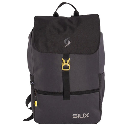 Black and gray backpack with yellow accents on a white background