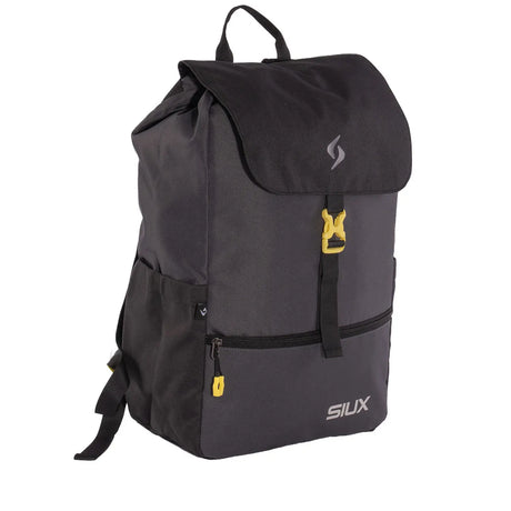 Black and gray backpack with yellow accents on a white background
