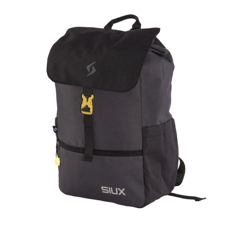Black and gray backpack with a yellow bottle opener on a white background