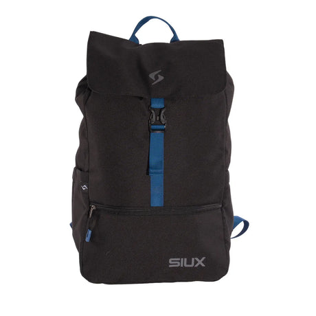 Black backpack with blue straps and SIUX logo on a white background