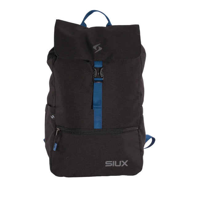 Black backpack with blue straps and SIUX logo on a white background