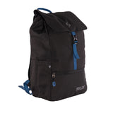 Black backpack with blue accents on a white background