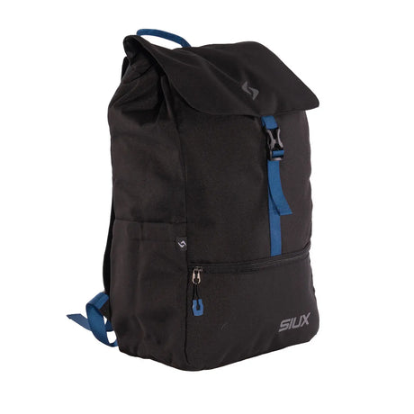 Black backpack with blue accents on a white background
