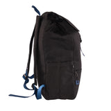 Black backpack with blue straps on a white background