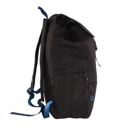 Black backpack with blue straps on a white background
