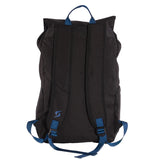 Black backpack with blue straps on a white background