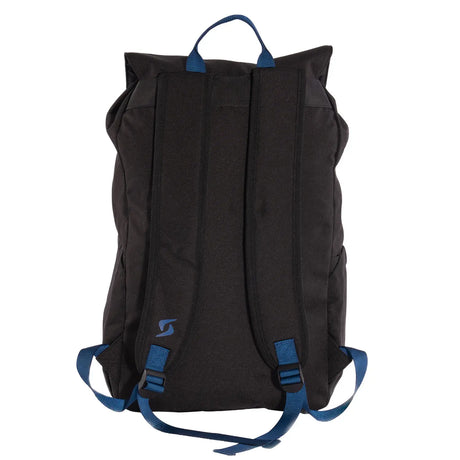 Black backpack with blue straps on a white background
