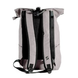 Gray backpack with black straps on a white background