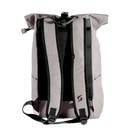 Gray backpack with black straps on a white background