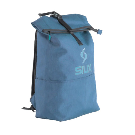 Blue backpack with black straps on a white background
