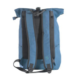 Blue backpack with black straps on a white background