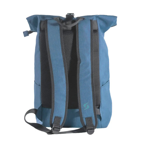 Blue backpack with black straps on a white background