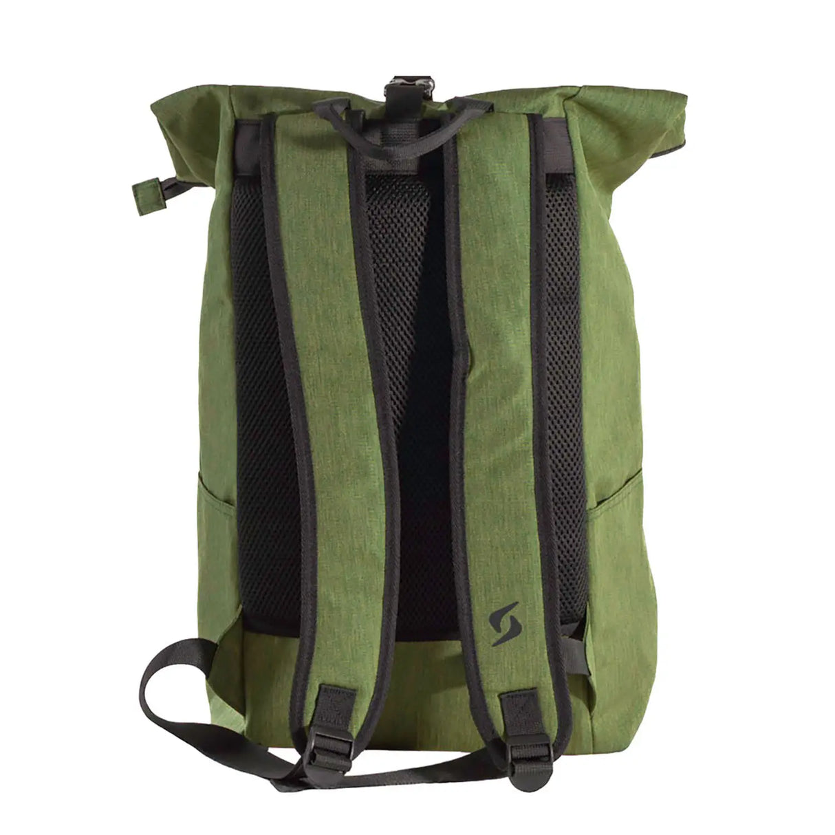 Green backpack with black straps on a white background