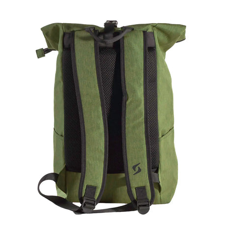 Green backpack with black straps on a white background