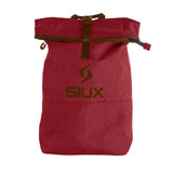 Red backpack with brown accents and 'SIUX' logo on a white background