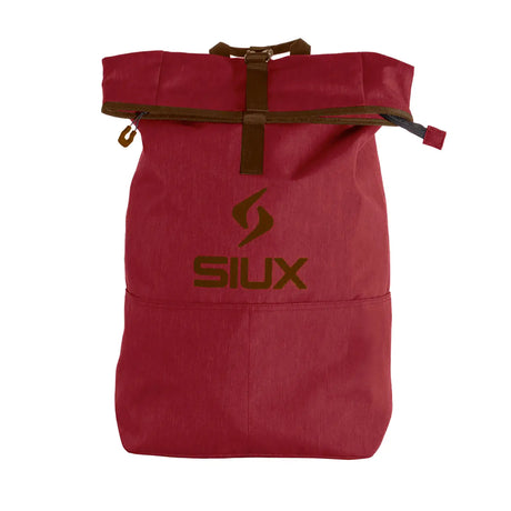 Red backpack with brown accents and 'SIUX' logo on a white background