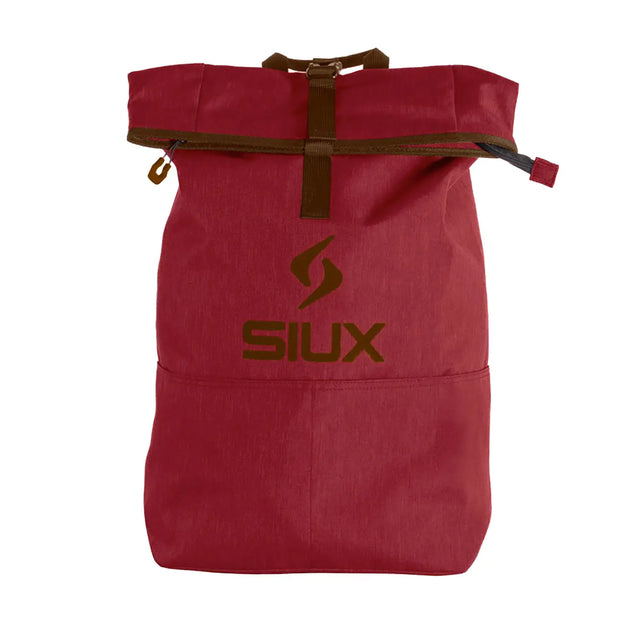 Red backpack with brown accents and 'SIUX' logo on a white background