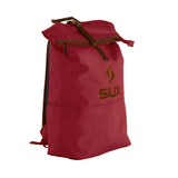 Red backpack with brown straps and 'SIUX' logo on a white background
