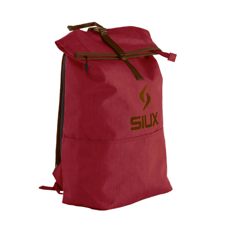 Red backpack with brown straps and 'SIUX' logo on a white background