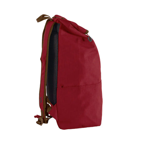 Red backpack with brown drawstring on a white background