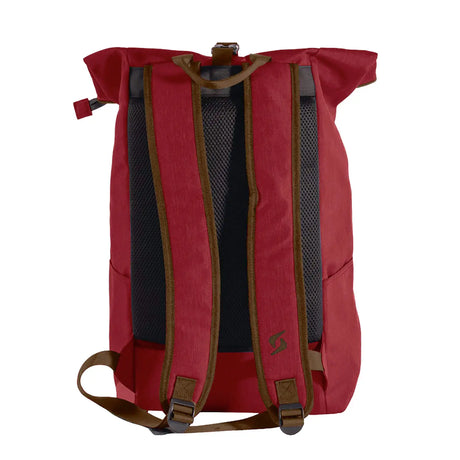 Red backpack with brown straps on a white background
