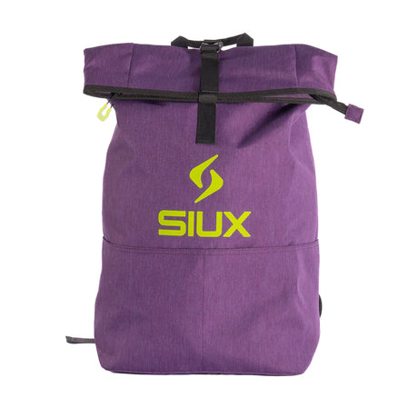Purple backpack with a yellow SIUX logo on a white background