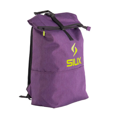 Purple backpack with black straps and yellow logo on a white background