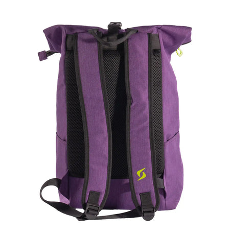 Purple backpack with black straps on a white background