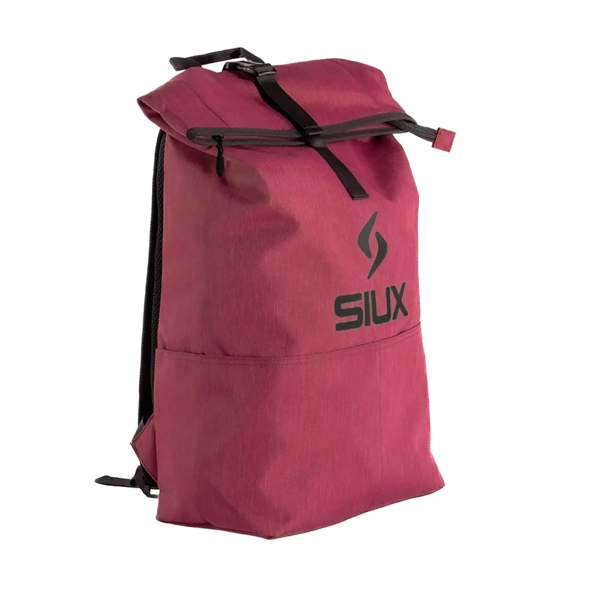 Red backpack with black straps and 'SIUX' logo on a white background