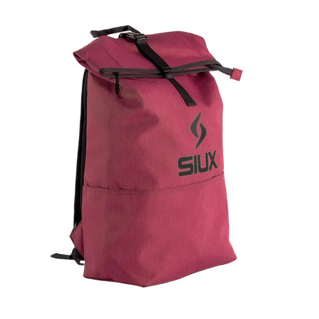 Red backpack with black straps and 'SIUX' logo on a white background